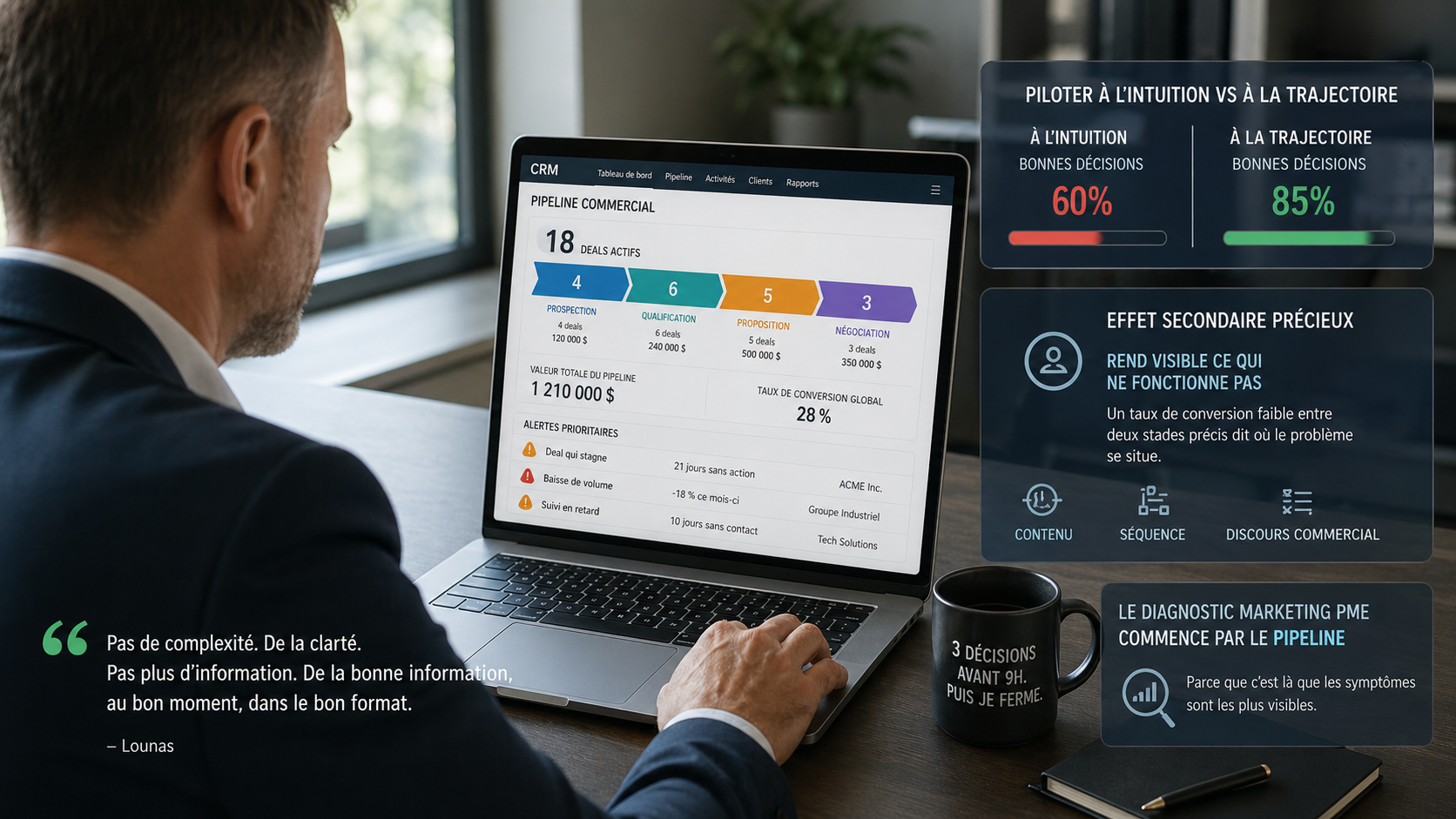 Dirigeant de PME B2B consultant son CRM avec pipeline de 1 210 000 dollars et alertes prioritaires - comparatif piloter a l intuition 60 pourcent de bonnes decisions vs piloter a la trajectoire 85 pourcent - le diagnostic marketing PME commence par le pipeline selon Lounas de NeuroBreak Studio