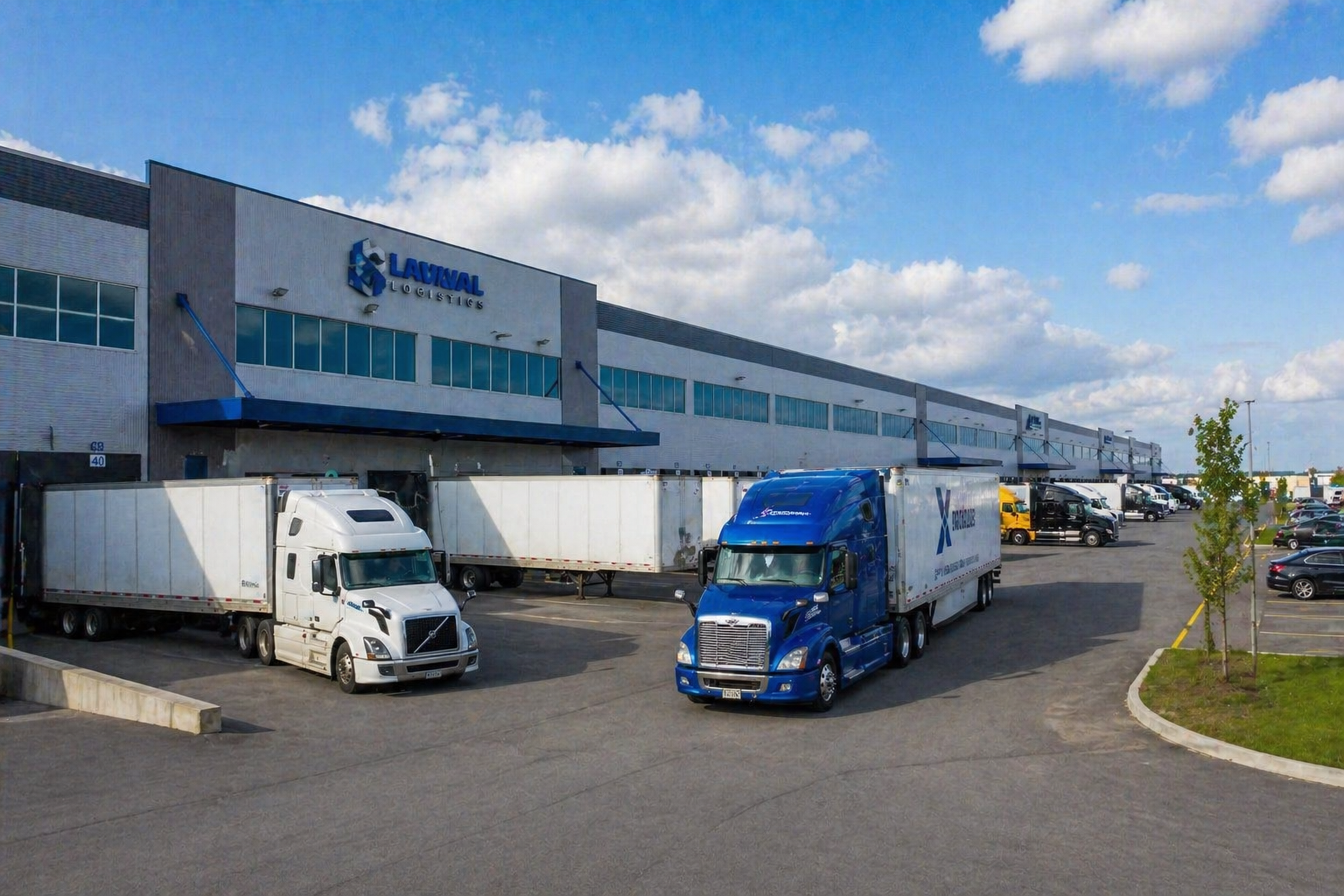 Centre de distribution logistique Laval Logistics avec camions semi-remorques en manoeuvre - hub logistique et industriel de Laval deuxieme ville du Quebec - PME B2B du secteur transport et distribution qui a besoin d un systeme d acquisition structure pour developper ses marches