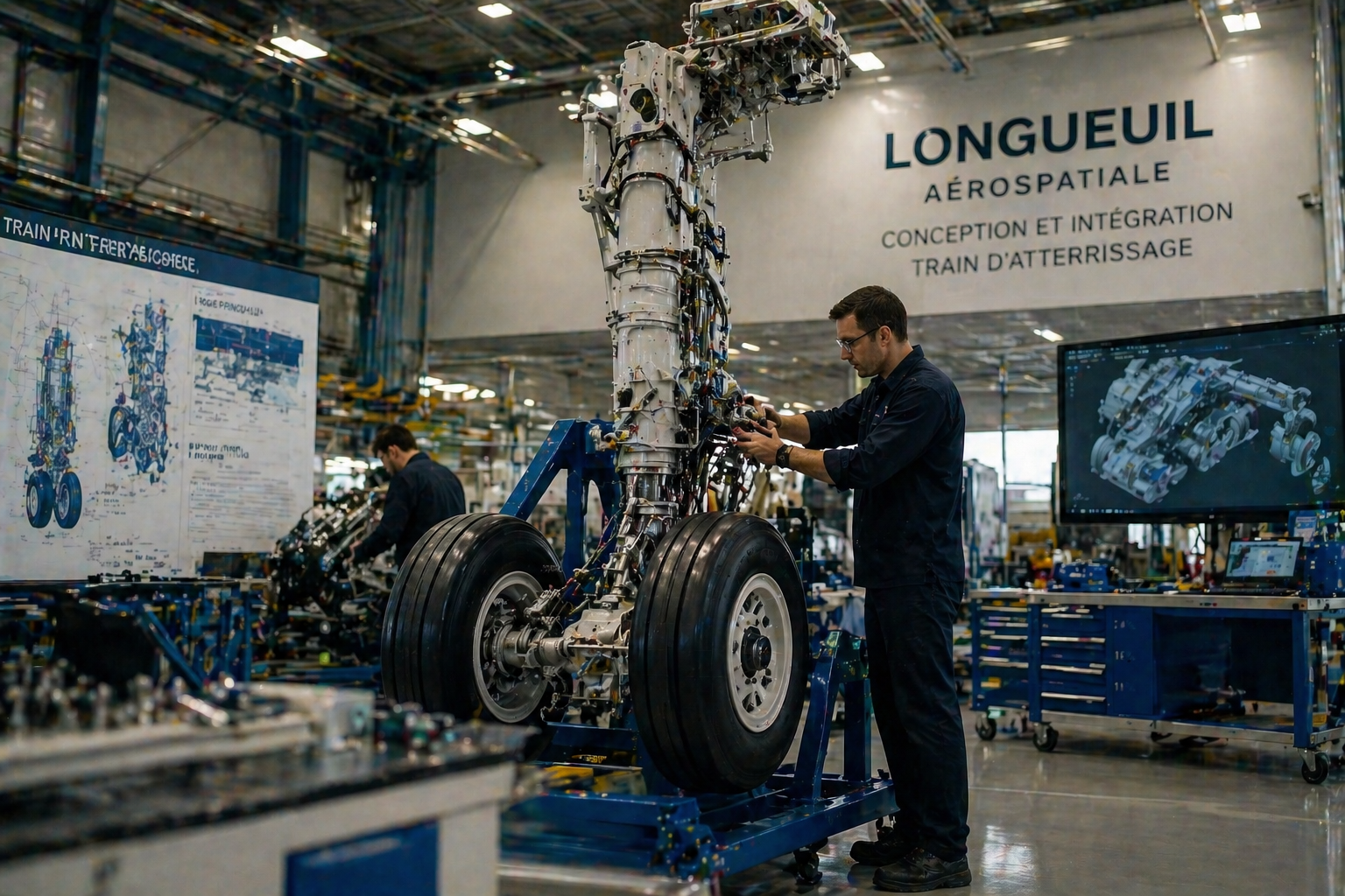 Technicien specialise dans l usine Longueuil Aerospatiale assemblant un train d atterrissage d avion - secteur aerospatial haute precision de la Rive-Sud de Montreal - PME B2B de sous-traitance industrielle et aerospatiale de Longueuil qui cherchent a structurer leur acquisition commerciale pour des cycles de vente complexes