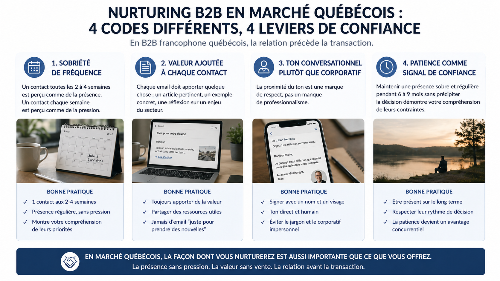 Infographie nurturing B2B en marche quebecois - 4 codes differents : sobriete de frequence un contact toutes les 2 a 4 semaines, valeur ajoutee a chaque contact, ton conversationnel plutot que corporatif, patience comme signal de confiance sur 6 a 9 mois - en B2B francophone la relation precede la transaction