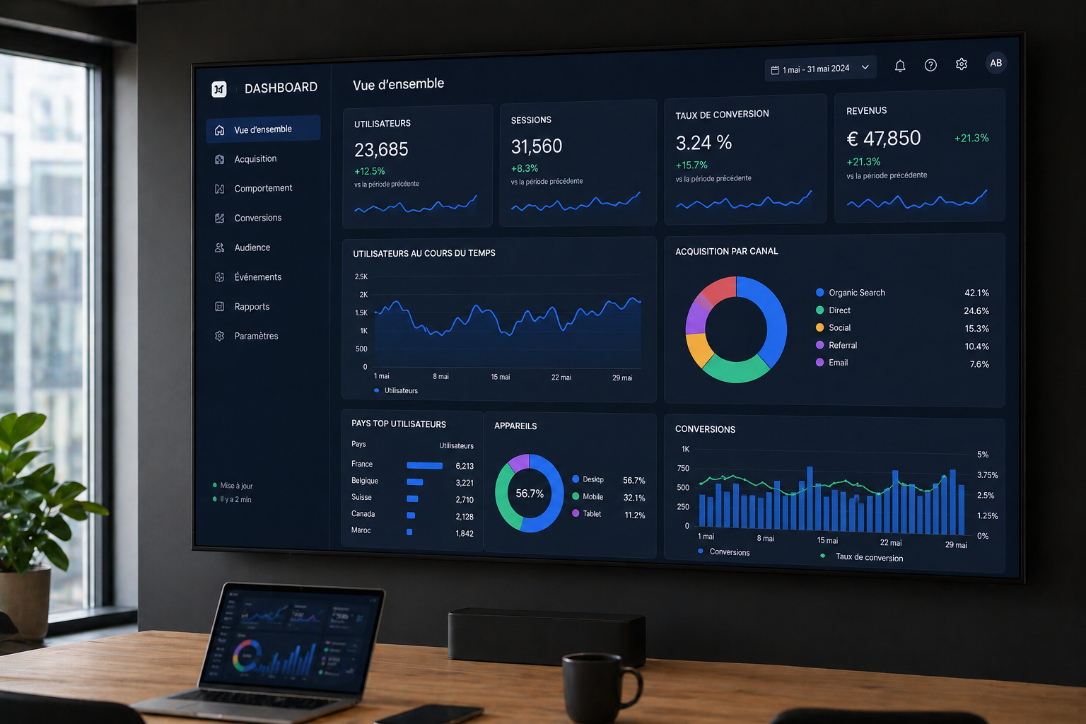 Dashboard marketing centralise sur grand ecran en salle de reunion - vue d ensemble avec 23 685 utilisateurs, 47 850 euros de revenus en hausse de 21 pourcent, taux de conversion 3.24 pourcent, acquisition par canal organic search 42 pourcent - systeme de pilotage marketing unifie qui rend toutes les donnees lisibles en temps reel pour les dirigeants de PME B2B